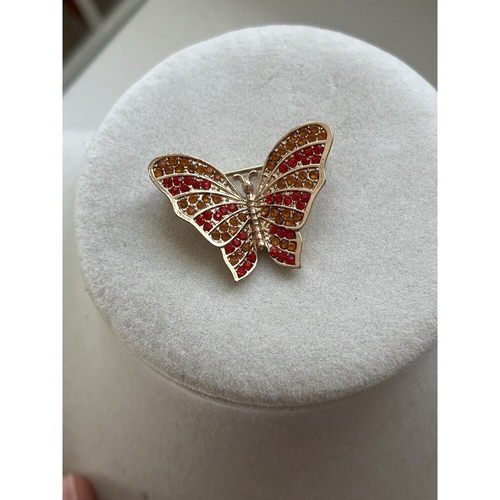 Butterfly Rhinestone Brooch Orange Yellow Crystal Gold Tone Pin